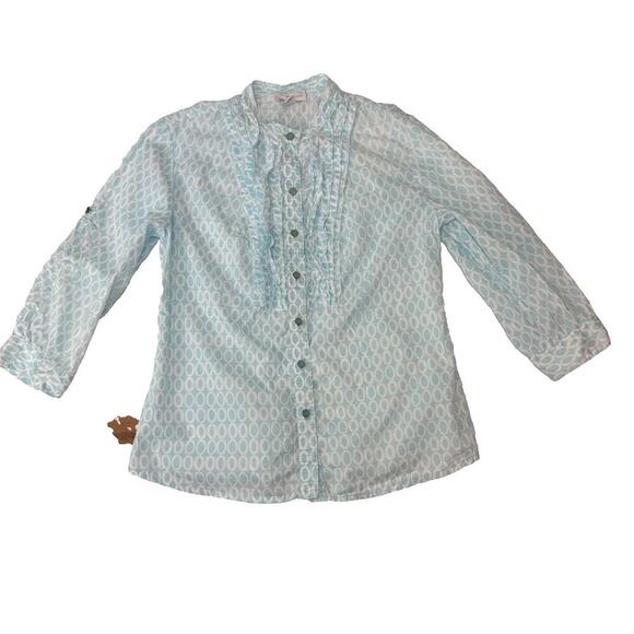 Coastal Charter Club Blue Print Ruffle Button Up Shirt Twee Romantic Size 10P - Picture 1 of 13